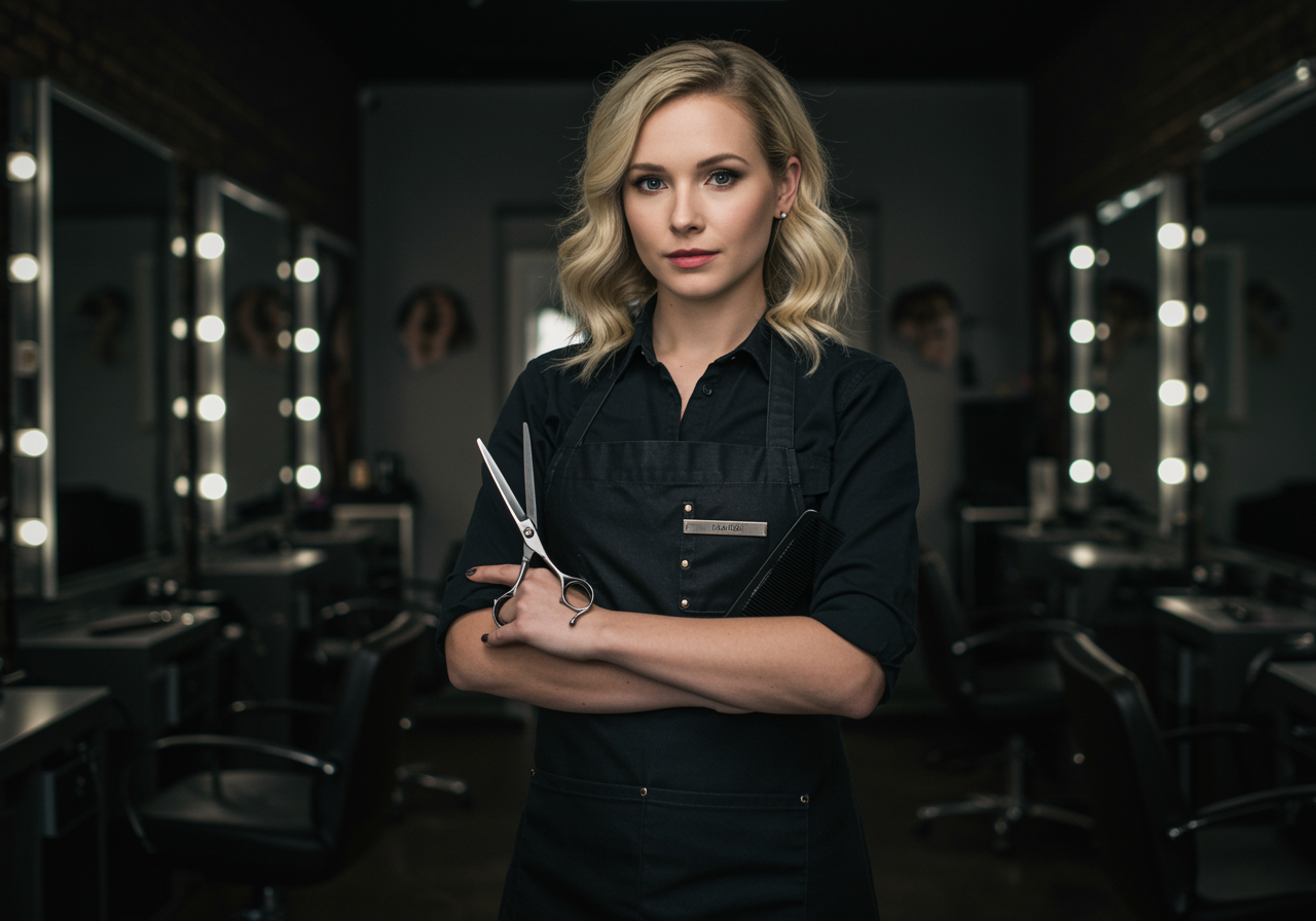 Alberto "Retrato de una estilista de cabello blanca y segura en un salón elegante, con tijeras y peine, destacando su profesionalismo y el ambiente acogedor del lugar."