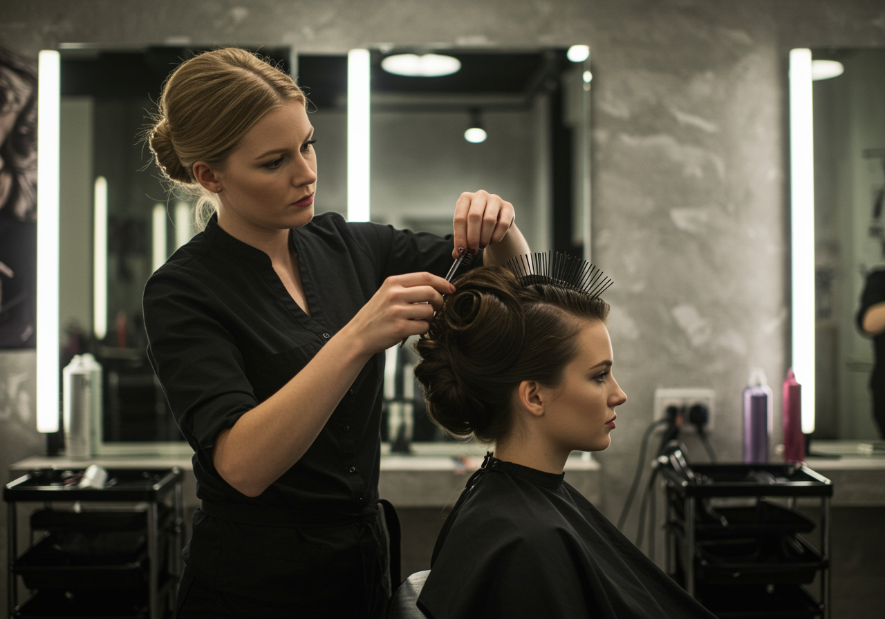 Angel "Estilista de cabello blanca creando un elegante peinado recogido en un ambiente de salón moderno y minimalista."