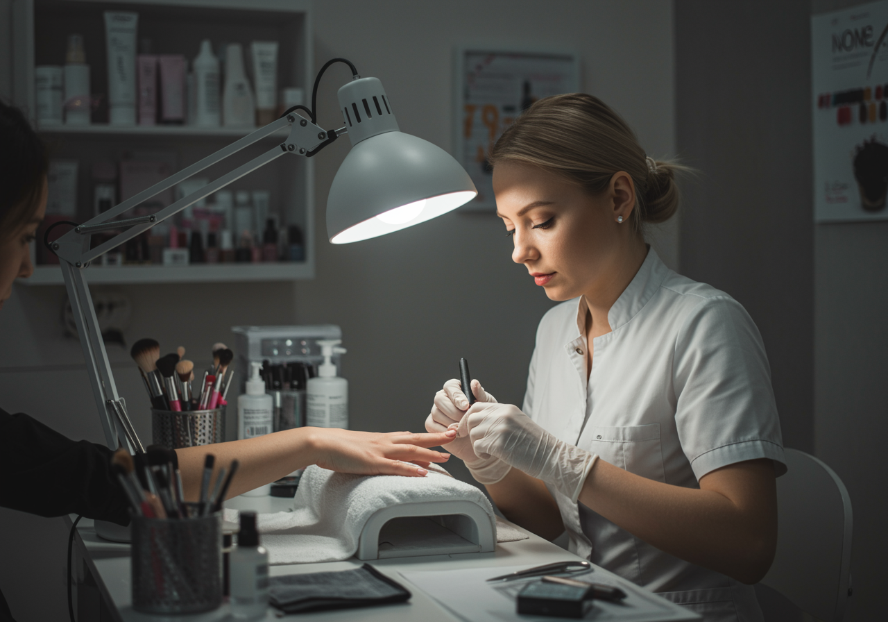 Nacho "Estación de belleza luminosa con manicurista aplicando esmalte semipermanente, rodeada de herramientas de manicura y productos de cuidado facial."