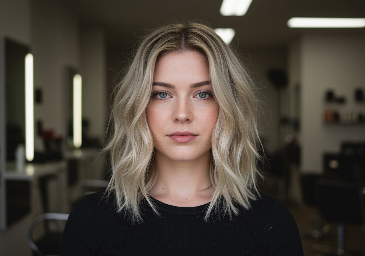 "Retrato fotorealista de una mujer blanca con balayage natural y acabado de cabello impecable, en un salón iluminado que resalta resultados de alta calidad."