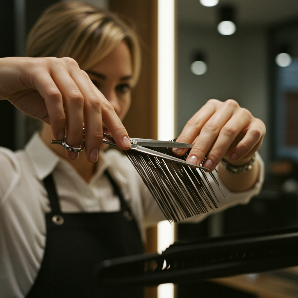 "Retrato fotorealista de una estilista blanca cortando cabello con tijeras profesionales en un salón elegante con detalles en cromo y madera."