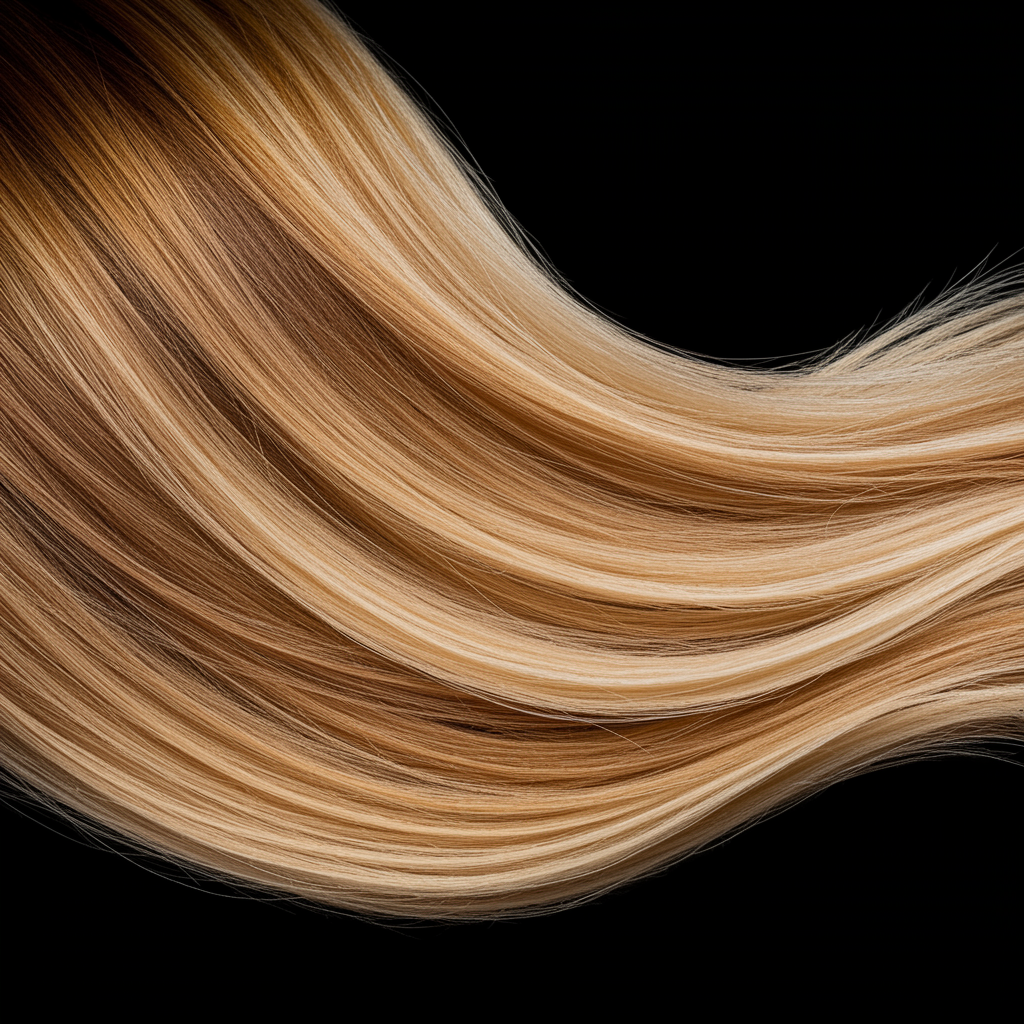 "Close-up fotorealista de balayage en cabello rubio con degradado de miel a caramelo, con iluminación suave y estilo editorial moderno."