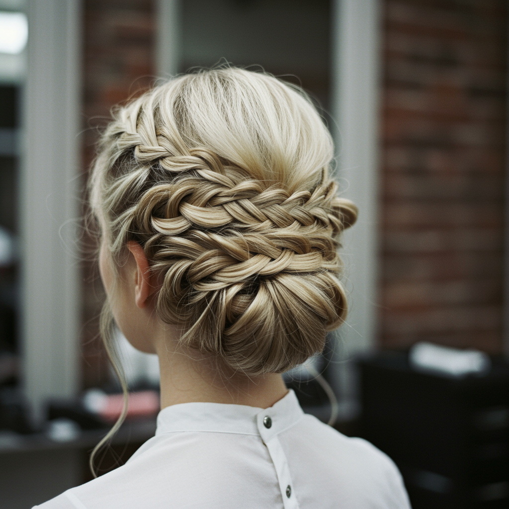 "Peinado recogido elegante con trenzas y giros, en modelo blanca, destacando la sofisticación y los detalles refinados en un ambiente de salón romántico."