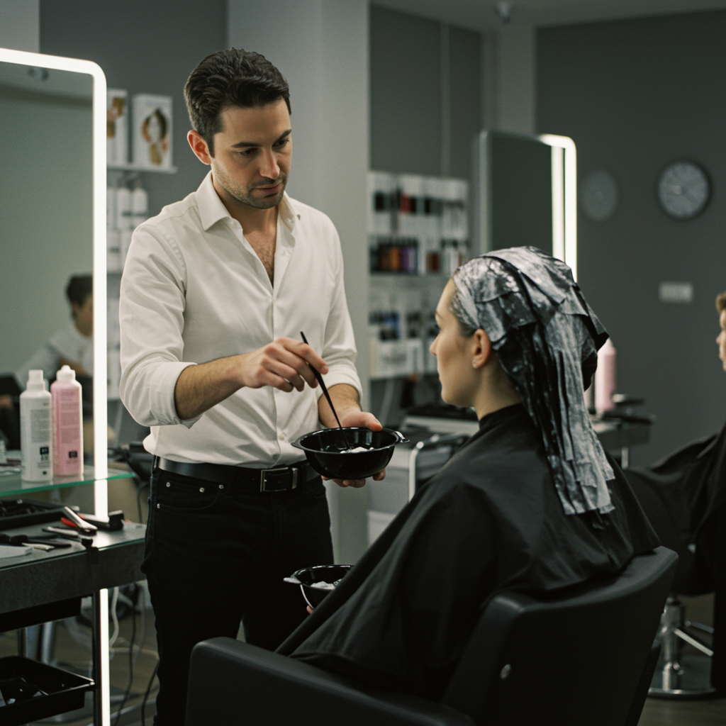 "Estilista blanco personalizando tonos de cabello en un salón luminoso, con cliente y muestras de color, destacando un servicio exclusivo y productos de alta calidad."
