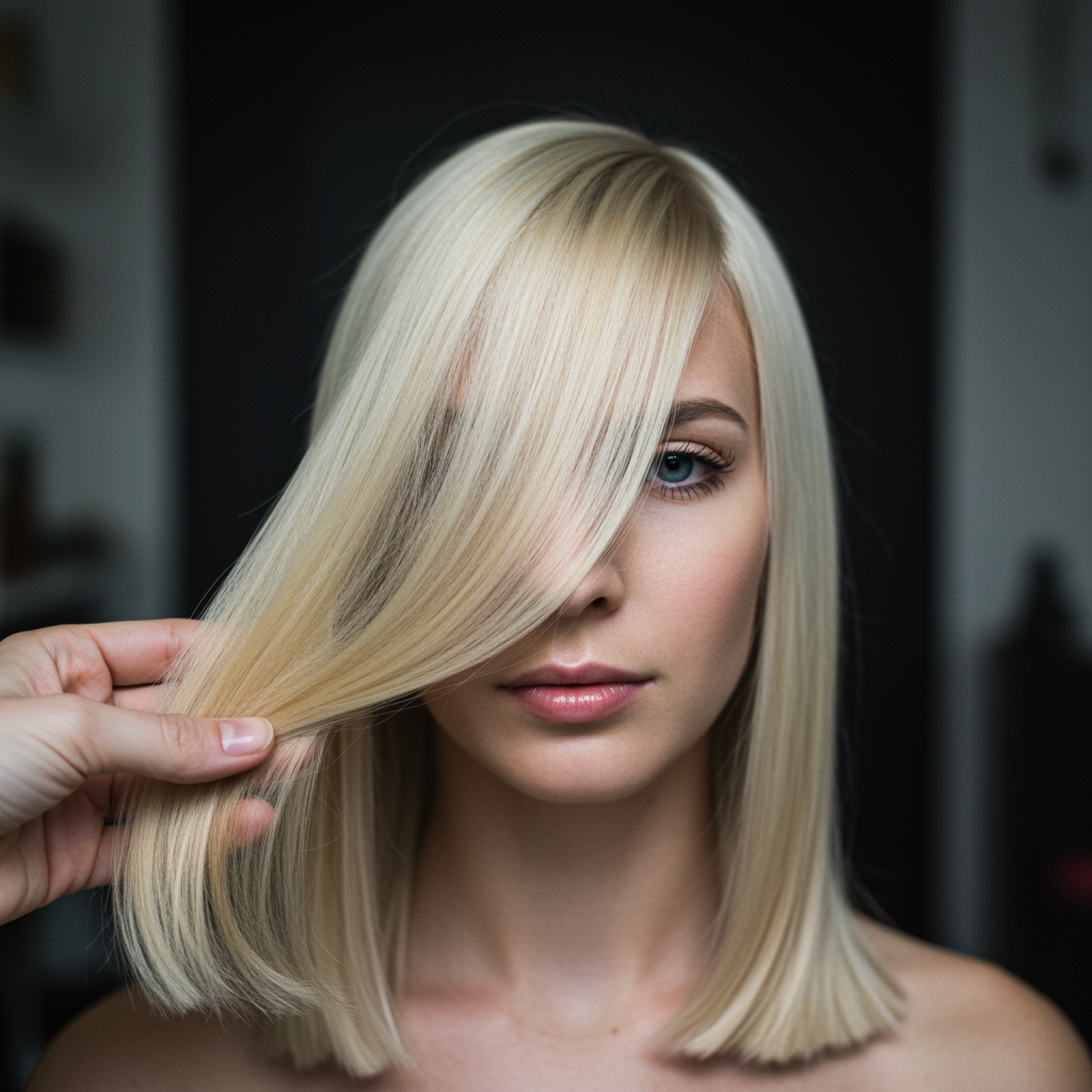 "Retrato fotorealista de mujer blanca con cabello liso y brillante tras un tratamiento profesional de alisado en un salón minimalista."