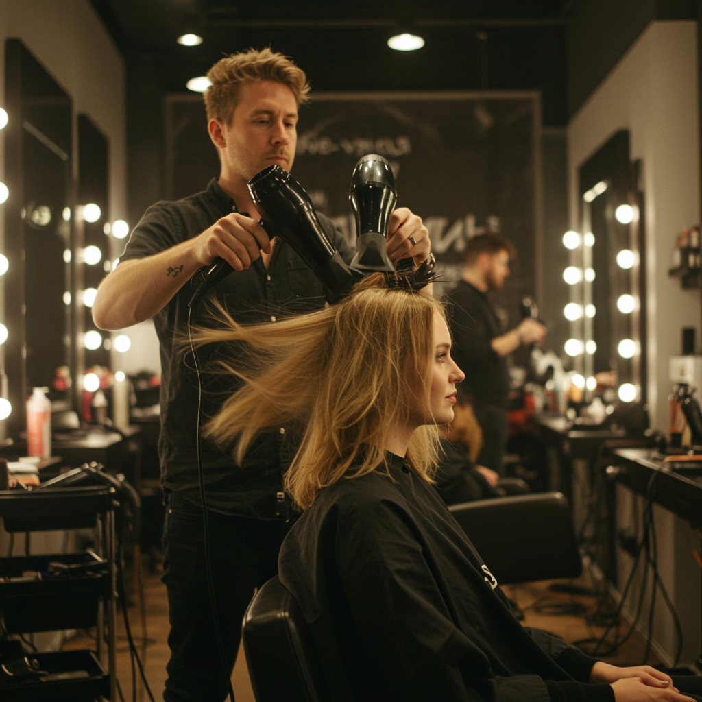 "Mujer blanca recibiendo un secado de cabello en un salón moderno, con un estilista y un secador de pelo en acción, destacando el estilo y la iluminación cálida."