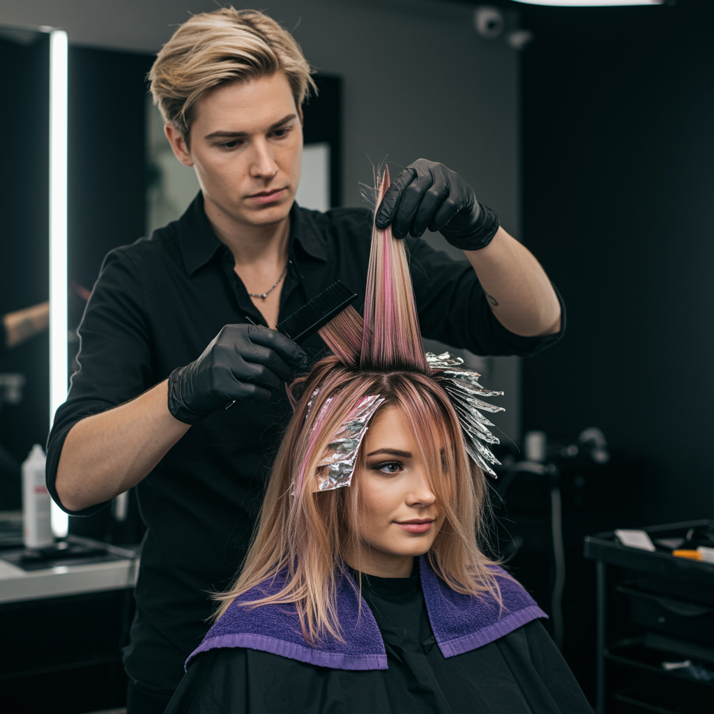 "Estilista aplicando color balayage vibrante en el cabello de una clienta en un salón moderno, con herramientas profesionales y un fondo estilizado."
